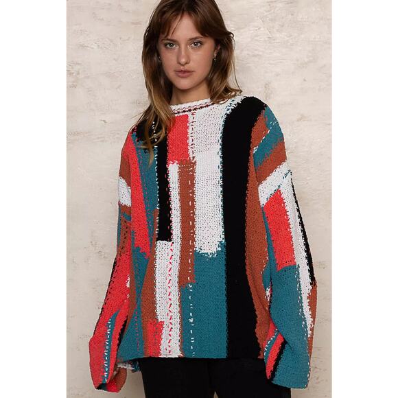 POL Geometric Color Block Design Round Neckline Oversized Sweater | Red/Ivory - Picture 6 of 9